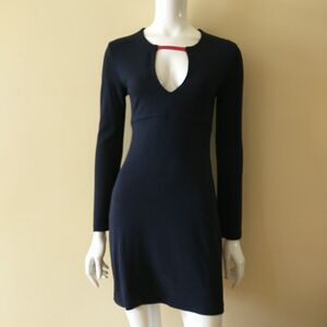 Jussara Sheath Dress Blue Knit Stretch A-Line Key Hole Preppy Long Sle S/XS*READ